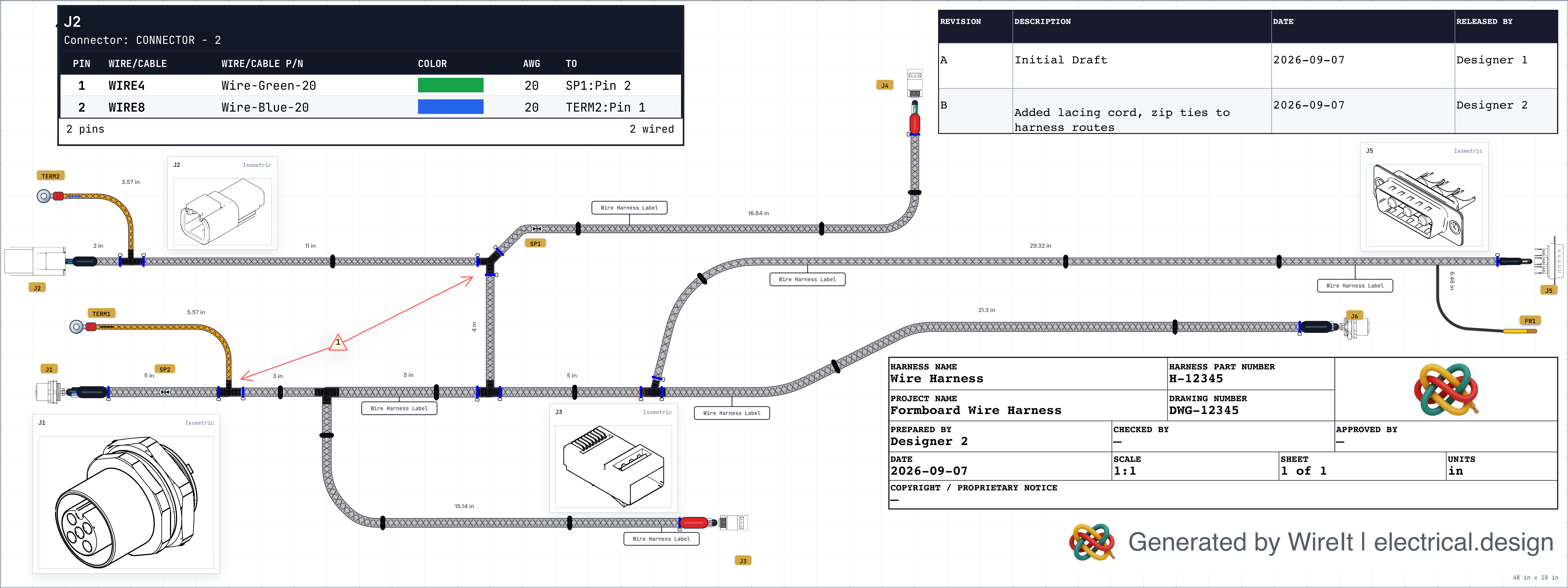 Completed WireIt Formboard harness drawing with connector tables, callouts, routed branches, and revision history